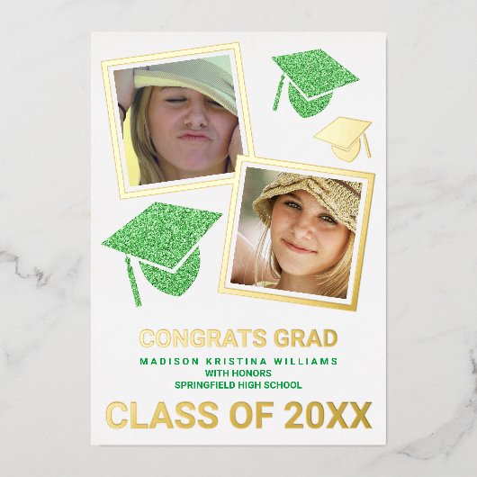Invitation En Aluminium Grad Glam Green Casquette Photo Collage Grad (Recto)