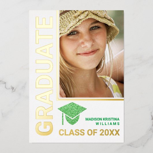 Invitation En Aluminium Grad Glam Green Casquette Stylish Graduate Photo (Recto)