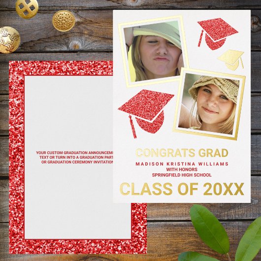 Invitation En Aluminium Grad Glam Red Casquette Photo Collage Grad