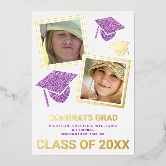 Invitation En Aluminium Grad Glam violet Casquette Photo Collage Grad (Recto)
