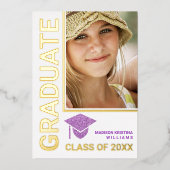 Invitation En Aluminium Grad Glam violet Casquette stylish Graduate Photo (Recto)