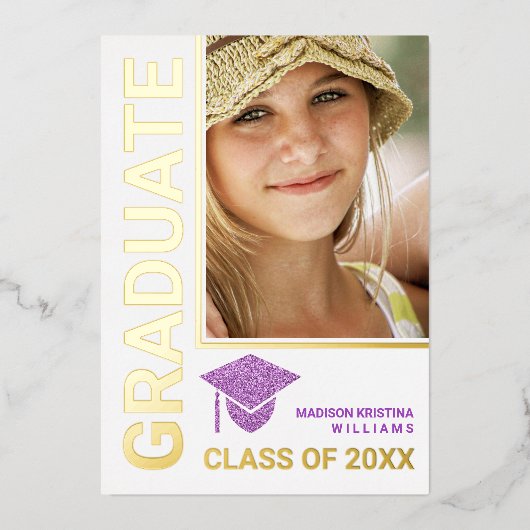 Invitation En Aluminium Grad Glam violet Casquette stylish Graduate Photo (Recto)
