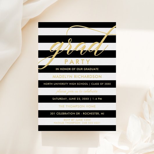 Invitation En Aluminium Grad Party Moderne Black Stripes Or