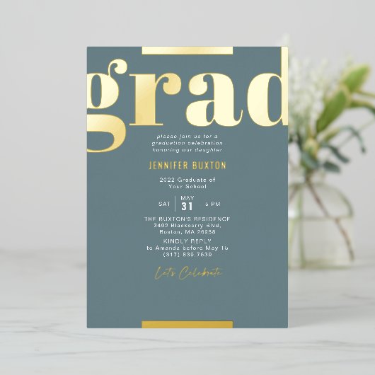 Invitation En Aluminium Grade Modern Bold Graduation Party Green & Gold (Debout devant)