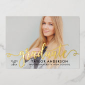 Invitation En Aluminium Graduate Gold Modern Script Graduation Photo (Recto)