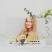 Invitation En Aluminium Graduate Gold Modern Script Graduation Photo (Debout devant)