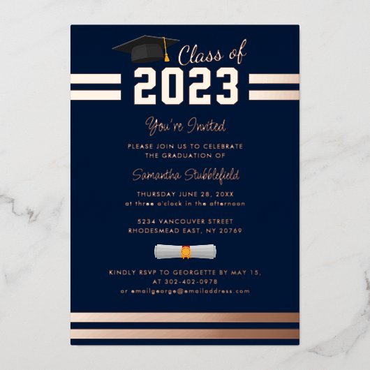 Invitation En Aluminium Graduation 2024 Marine Blue Party Rose Gold (Recto)