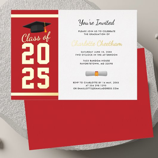 Invitation En Aluminium Graduation 2024 Red Script Grad Party Gold