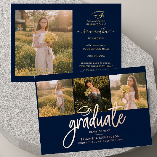 Invitation En Aluminium Graduation 2025 Marine Blue Photo Collage Rose Gol
