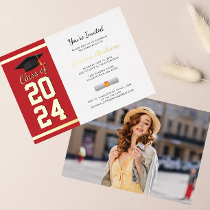 Invitation En Aluminium Graduation 2025 Photo Red Script Grad Party Gold