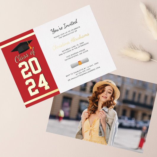 Invitation En Aluminium Graduation 2025 Photo Red Script Grad Party Gold