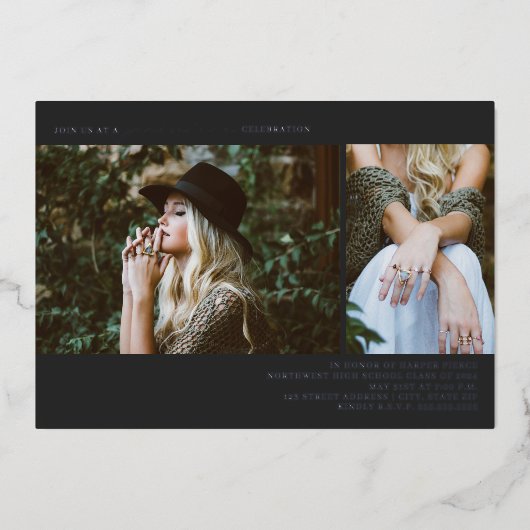 Invitation En Aluminium Graduation 2 Ligne photo Art gris foncé (Recto)