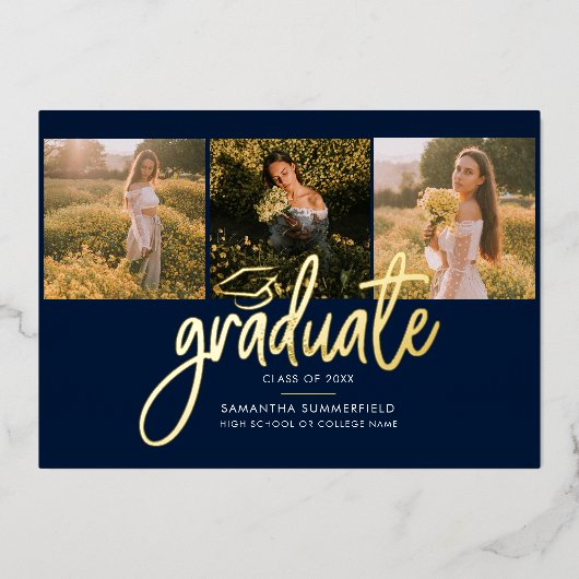 Invitation En Aluminium Graduation 4 Photo Collage Script Marine Gold (Recto)