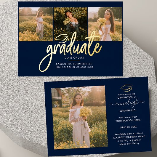 Invitation En Aluminium Graduation 4 Photo Collage Script Marine Gold