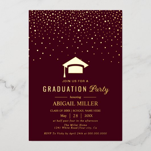 Invitation En Aluminium Graduation cap confetti Class Of 2025 burgundy (Recto)