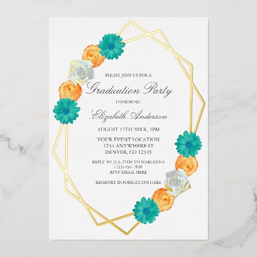 Invitation En Aluminium Graduation géométrique Turquoise orange (Recto)