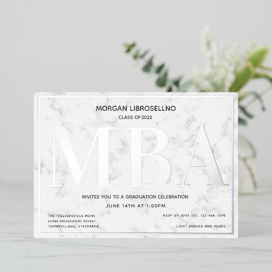 Invitation En Aluminium Graduation MBA Marble Silver (Debout devant)