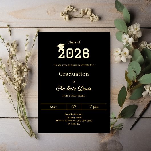 Invitation En Aluminium Graduation party black gold class of 2026 luxury