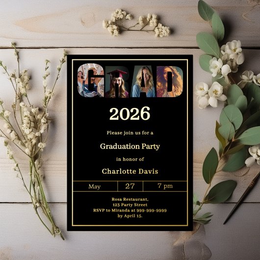 Invitation En Aluminium Graduation party black gold grad photo luxury