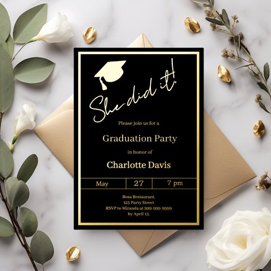 Invitation En Aluminium Graduation party black gold luxury She did it
