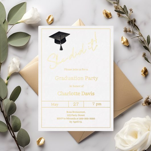 Invitation En Aluminium Graduation party black gold  luxury She did it