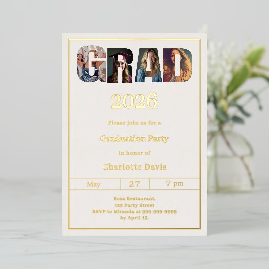 Invitation En Aluminium Graduation party ivory gold grad photo (Debout devant)