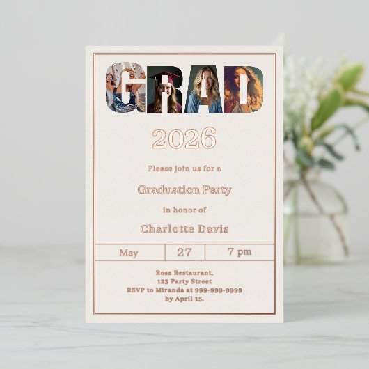 Invitation En Aluminium Graduation party ivory rose gold grad photo luxury (Debout devant)