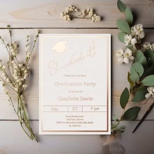 Invitation En Aluminium Graduation party rose gold luxury She did it