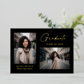 Invitation En Aluminium Graduation photo minimale moderne noir et or 2 (Debout devant)