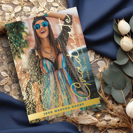 Invitation En Aluminium Graduation Real Golden Chic Fancy Romantic Photo 