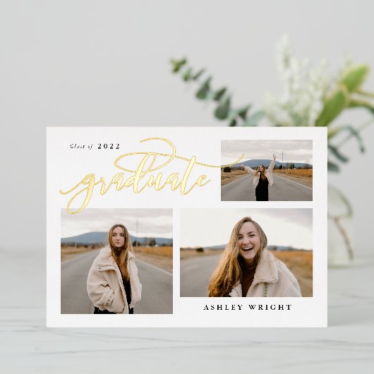 Invitation En Aluminium Graduation Script Simple 3 Photo Collage Party (Debout devant)