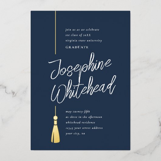 Invitation En Aluminium Graduation Tassel Parti de la marine moderne (Recto)