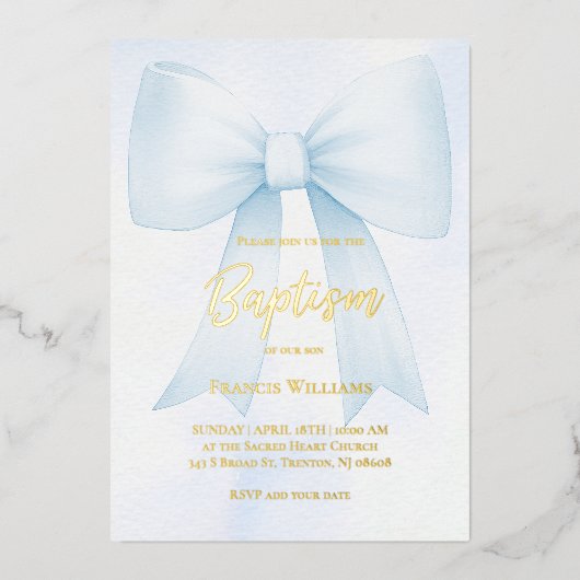 Invitation En Aluminium grand arc bleu pastel | Baptême (Recto)