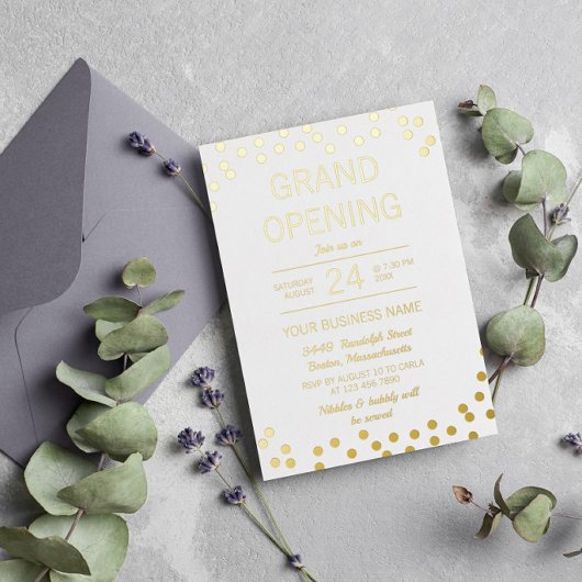 Invitation En Aluminium Grande ouverture commerciale White & Gold Confetti