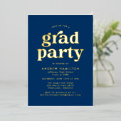 Invitation En Aluminium Gras Bleu et Gold Photo Graduation Party (Debout devant)
