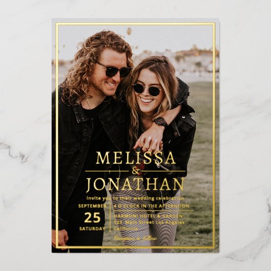 Invitation En Aluminium Gras Elegant Gold Bordure Script Photo Mariage Rea (Recto)