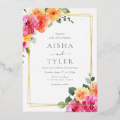 Invitation En Aluminium Gras Fleurs colorées Mariage Or (Recto)