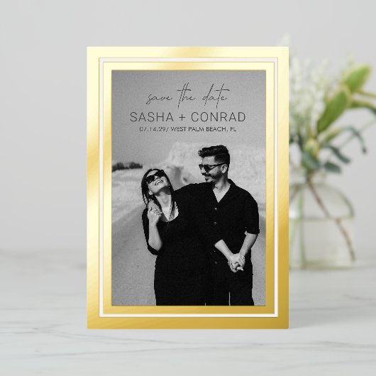 Invitation En Aluminium Gras Frontière Photo Mariage moderne Enregistrer l (Debout devant)