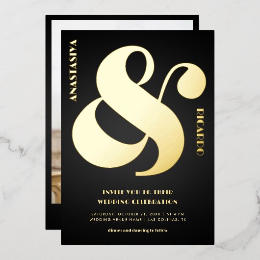 Invitation En Aluminium Gras Surdimensionné Ampersand Photo Noir Mariage R (Recto/Verso)