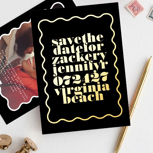 Invitation En Aluminium Gras Wavy Frame Black Gold QR Code Photo