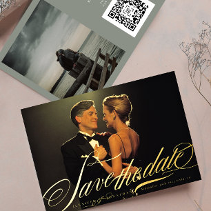 Invitation En Aluminium Gray Green Elegant Gold Calligraphie QR Code Photo