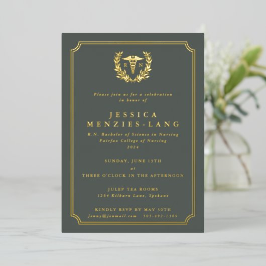 Invitation En Aluminium Gray Green Infirmière inscrite Caduceus+Laurel Wre (Debout devant)