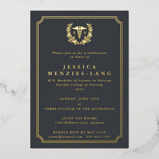 Invitation En Aluminium Gray Infirmière inscrite Caduceus+Laurel Wreath (Recto)