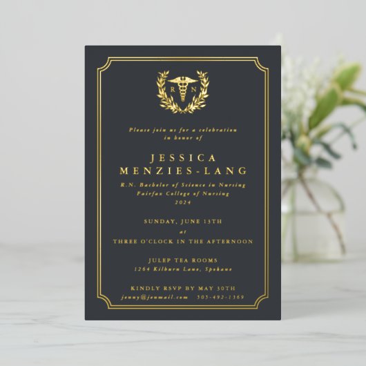 Invitation En Aluminium Gray Infirmière inscrite Caduceus+Laurel Wreath (Debout devant)