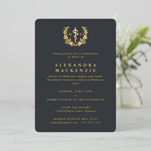 Invitation En Aluminium Gray MD Asclepius+Laurel Wreath Graduation Party (Debout devant)