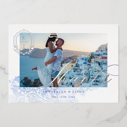 Invitation En Aluminium Grèce Mariage Merci Script Monogramme Photo (Recto)