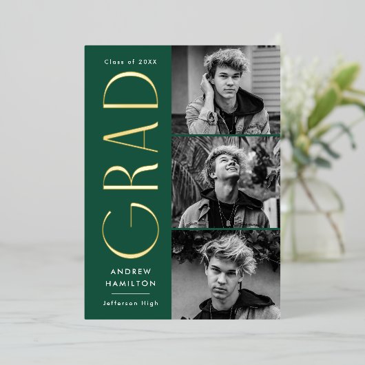 Invitation En Aluminium Green and Gold Foil 3 Photo Graduation Party (Debout devant)