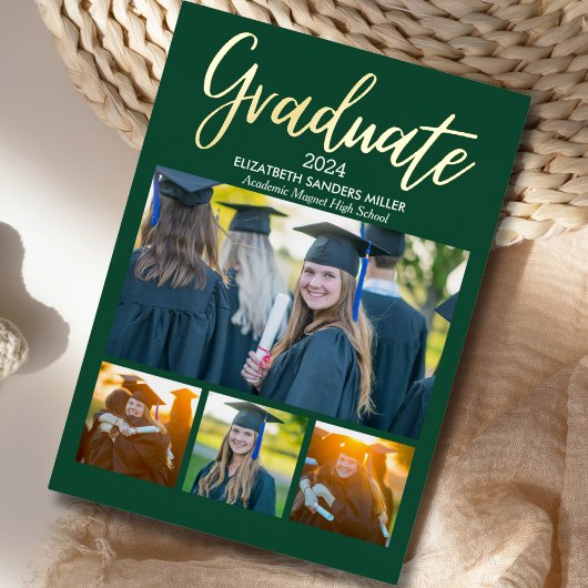 Invitation En Aluminium Green and Gold Script photos collage for graduated