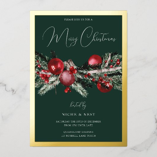 Invitation En Aluminium Green Classic Christmas Party Gold Border (Recto)
