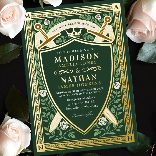 Invitation En Aluminium Green Floral Fantasy Sword Shield Monogram Wedding